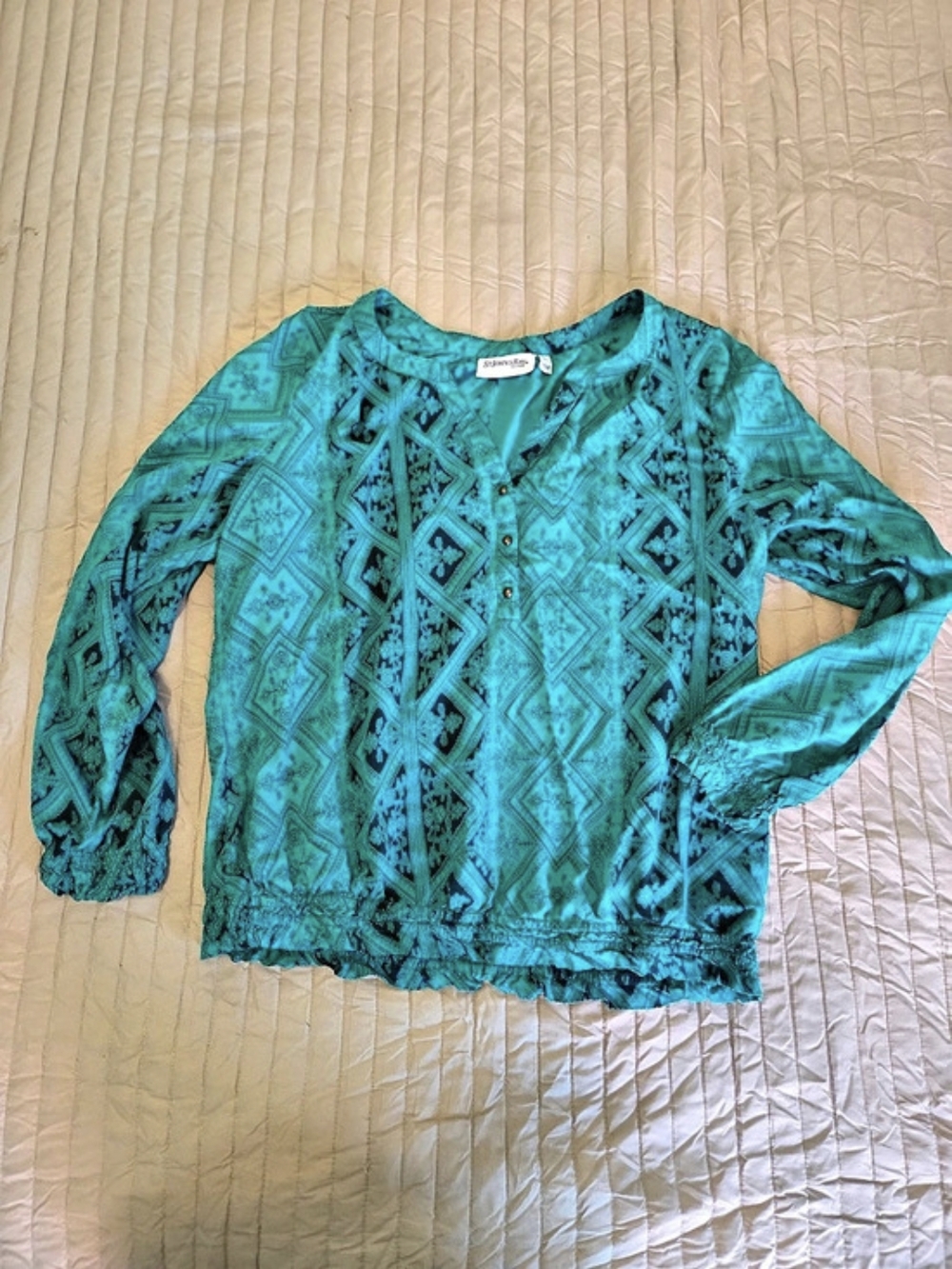 St. John’s Bay Geometric Rayon Blouse in Blue Size Large (B149)